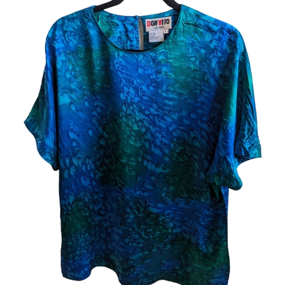 Vintage 100% silk women's top. Don Vito Size Large. Blue and Green - Picture 4 of 5